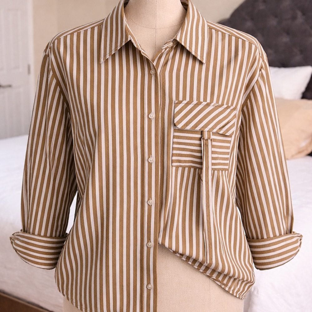 Parker Vertical Stripe Button-Down Shirt in Tan and White